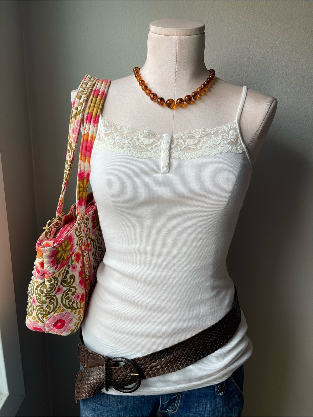 Halogen White Lace-Trim Camisole Tank Top